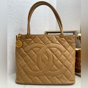 Chanel CC Medallion Caviar Tote Handbag Camel Color